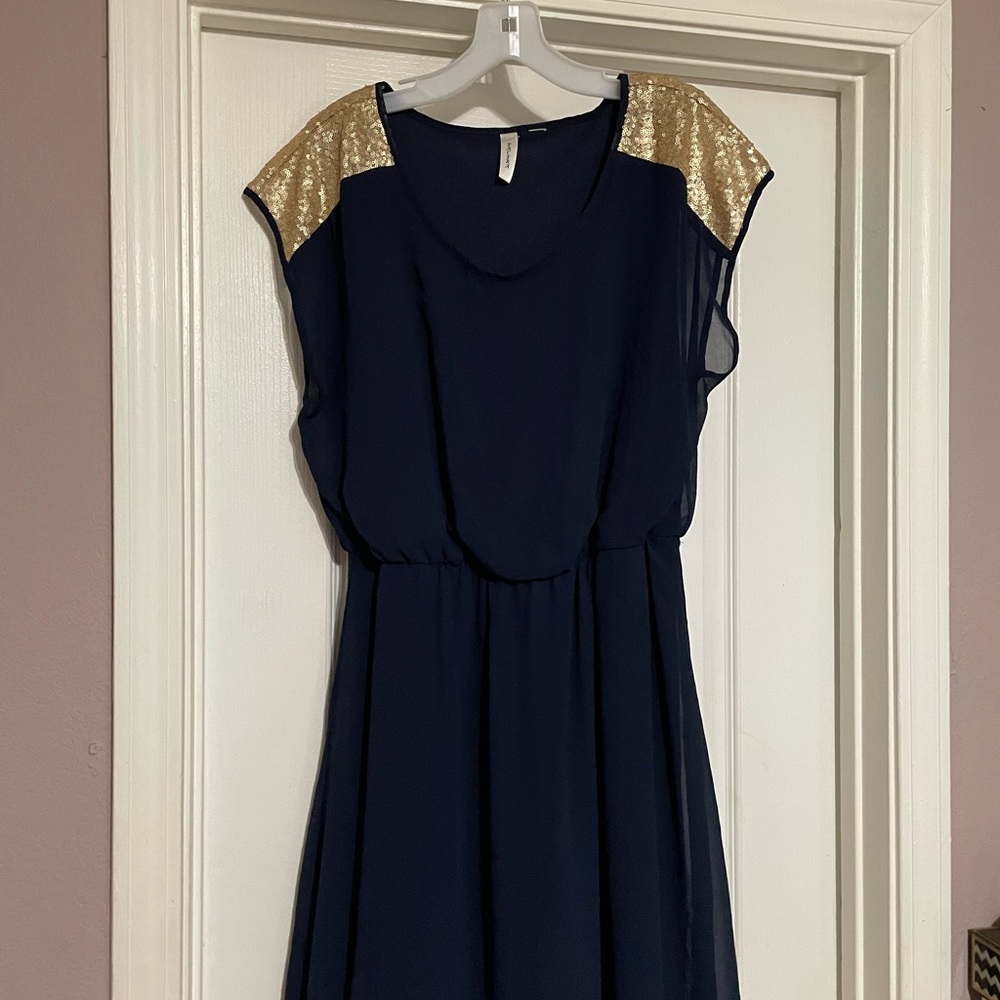 Navy blue chiffon dress with gold sequin shoulder detail